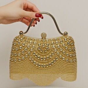 Gold Rhinestone Evening Clutch Bag with Handle Bridal Formal Party Purse Gift
